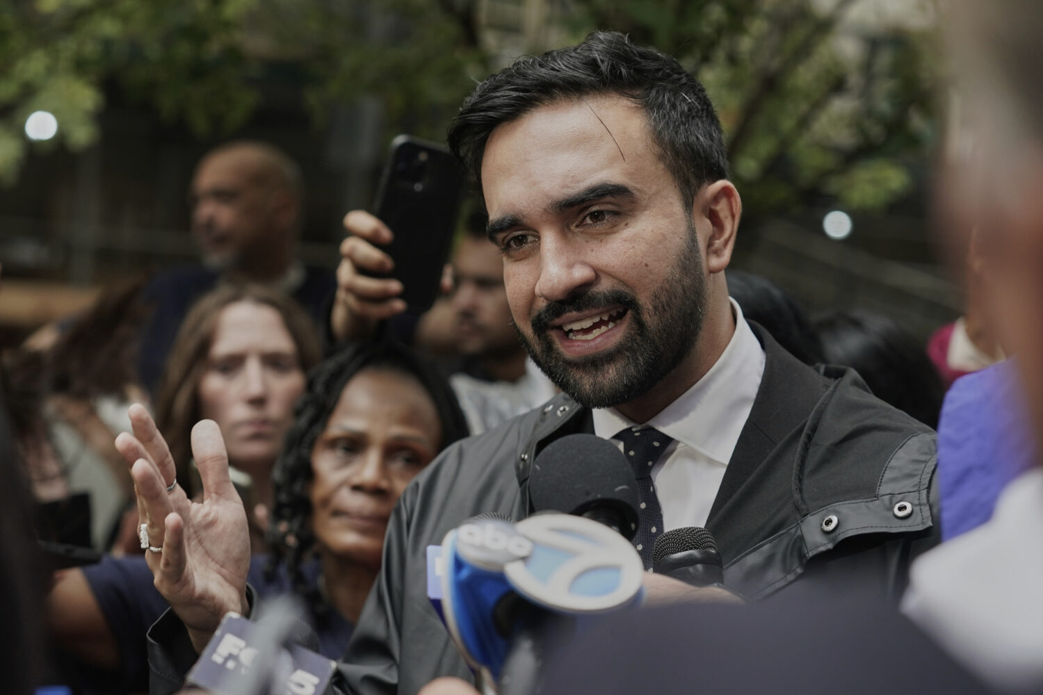 New York mayoral candidate Zohran Mamdani speaks at a rally with Hotel & Gaming Trades Council work...