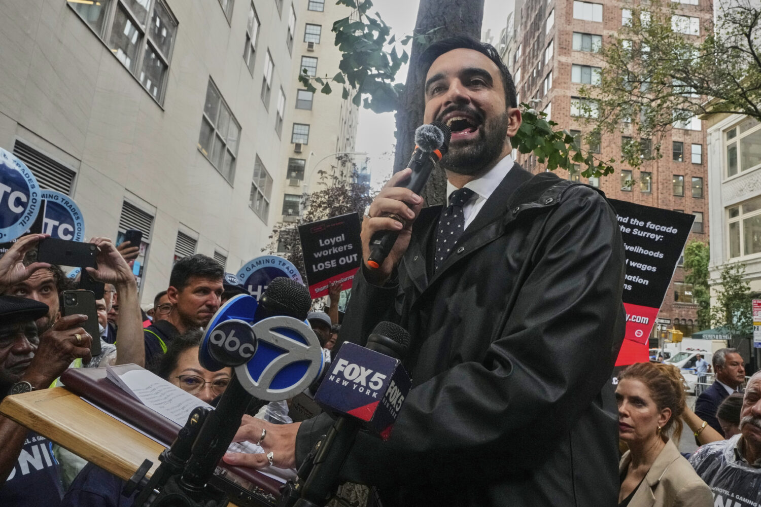 New York mayoral candidate Zohran Mamdani speaks at a rally with Hotel & Gaming Trades Council work...