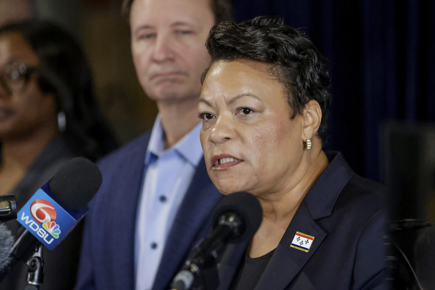 FILE - Mayor LaToya Cantrell speaks, accompanied by Gov. Jeff Landry, during a news conference at t...
