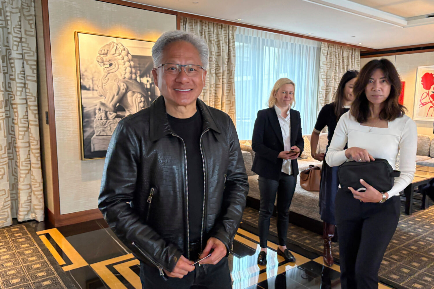 Nvidia CEO Jensen Huang attends a media Q&A session during a visit to London on Sept 17 2025. (AP P...