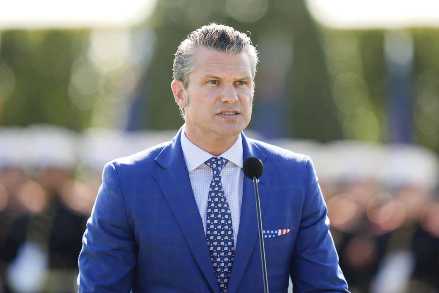 Defense Secretary Pete Hegseth speaks during the POW/MIA National Recognition Day Ceremony at the P...