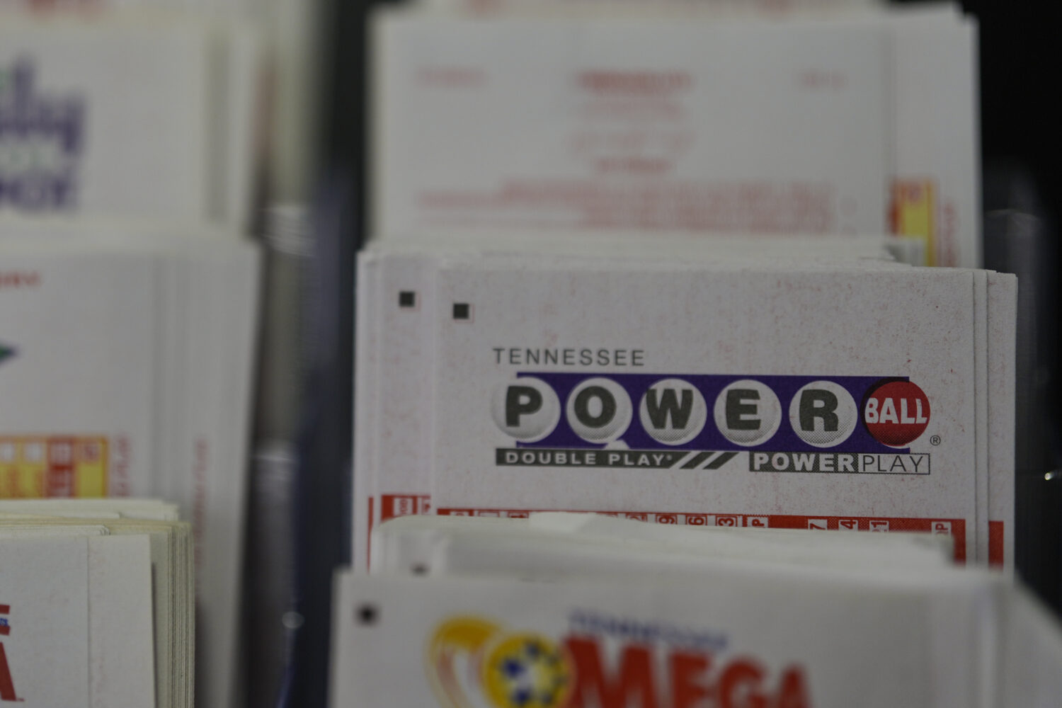 Powerball play slips are seen Friday, Aug. 29, 2025, in Nashville, Tenn. (AP Photo/George Walker IV...