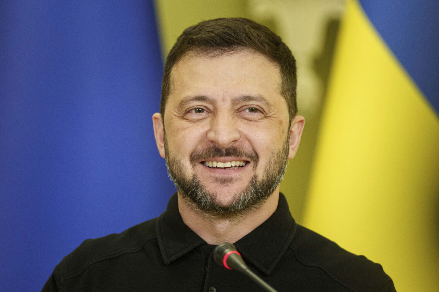 Ukraine's President Volodymyr Zelenskyy speaks during a joint press conference with European Parlia...