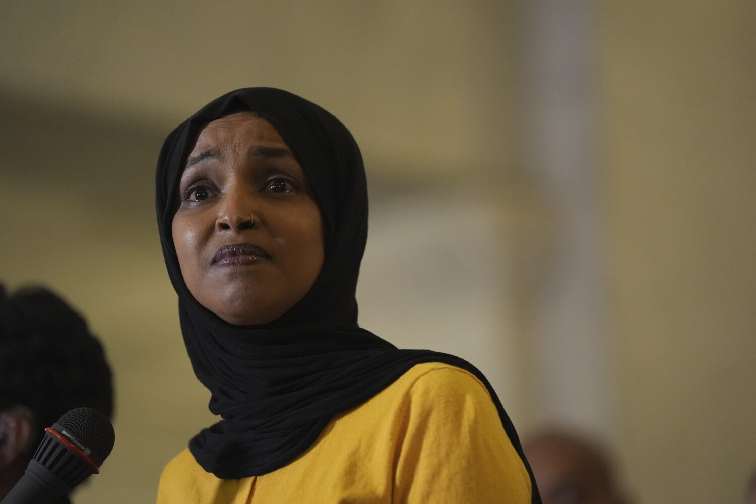 Rep. Ilhan Omar, D-Minn., speaks during a news conference in Minneapolis City Hall, Thursday, Aug. ...