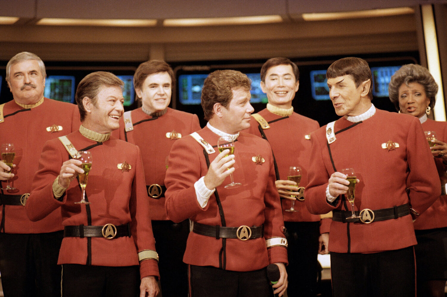 FILE- Members of the "Star Trek" crew, from left, James Doohan, DeForest Kelley, Walter Koenig, Wil...