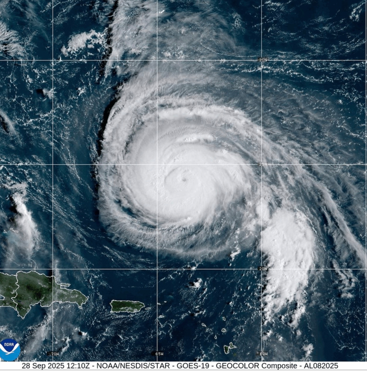 This satellite image provided by NOAA shows Hurricane Humberto on Sunday, Sept. 28, 2025. (NOAA via...