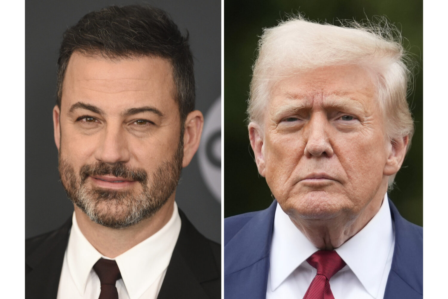 Jimmy Kimmel appears at the Walt Disney Television upfront in New York on May 14, 2019, left, and P...