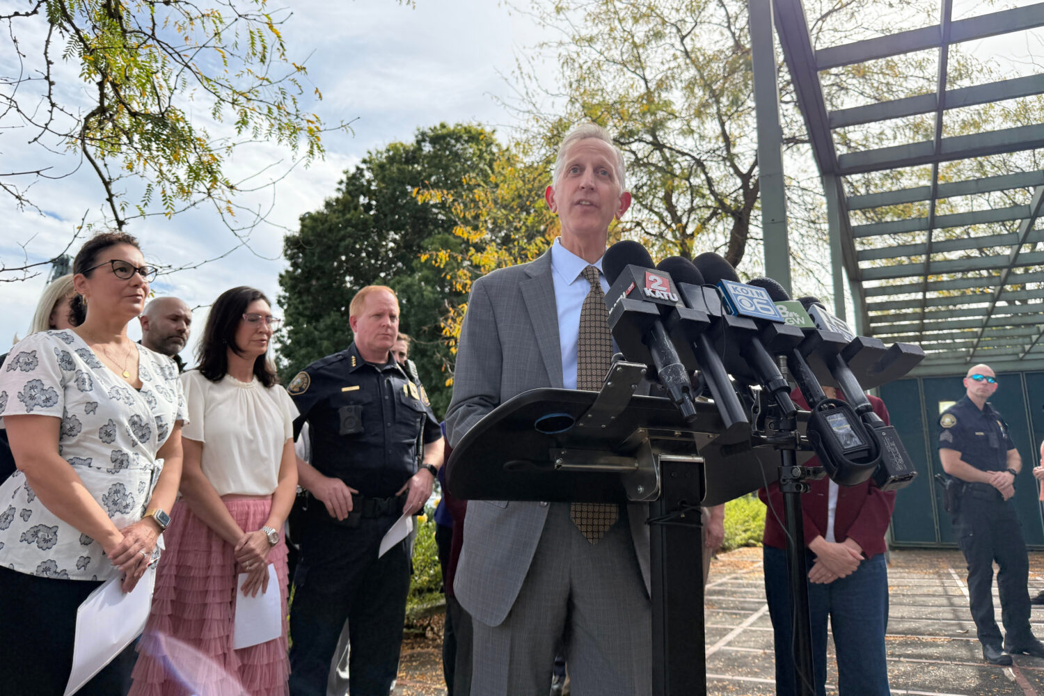 Portland Mayor Keith Wilson speaks at a news conference in Portland, Ore., on Saturday, Sept. 27, 2...
