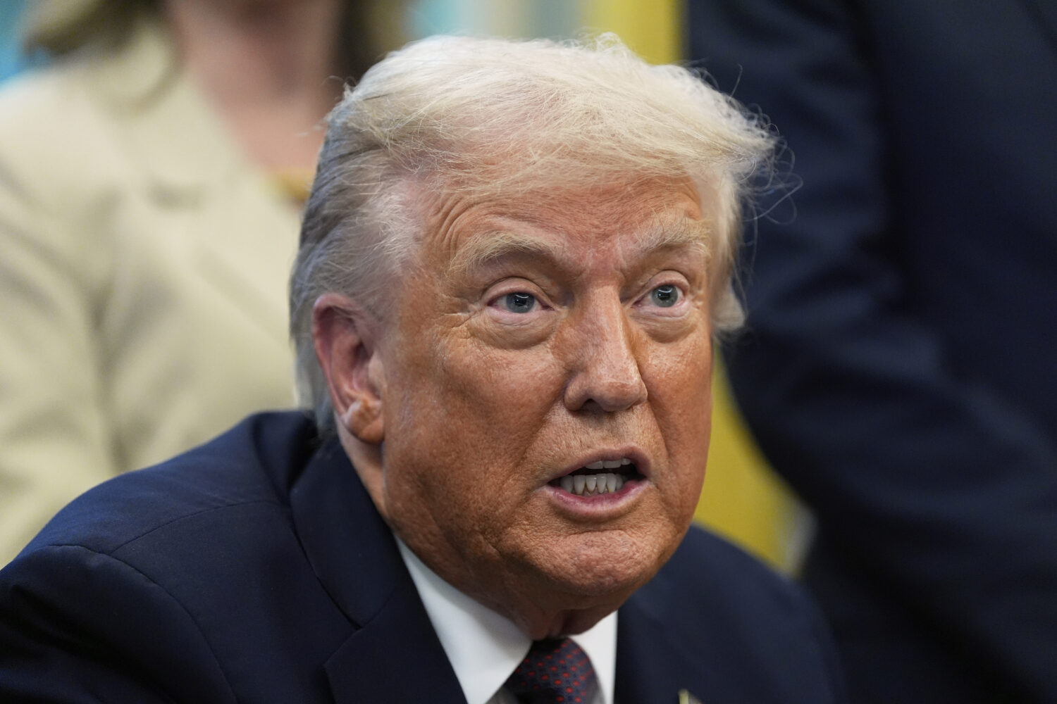 President Donald Trump speaks in the Oval Office of the White House, Monday, Sept. 15, 2025, in Was...