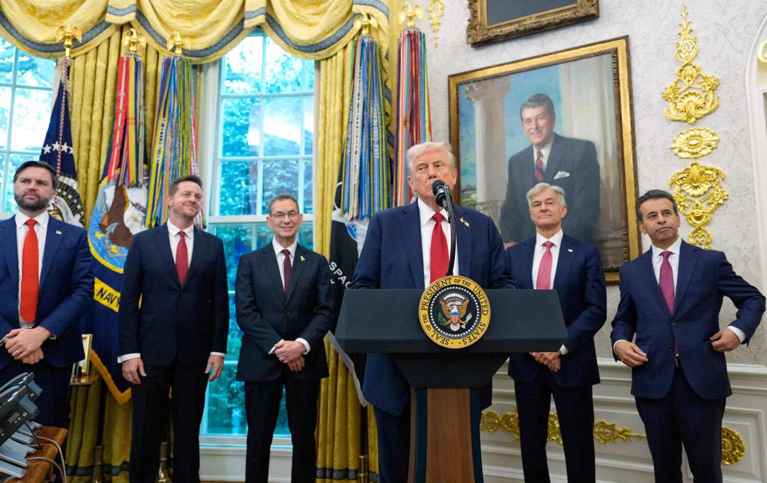 President Donald Trump speaks in the Oval Office of the White House, Tuesday, Sept. 30, 2025, in Wa...