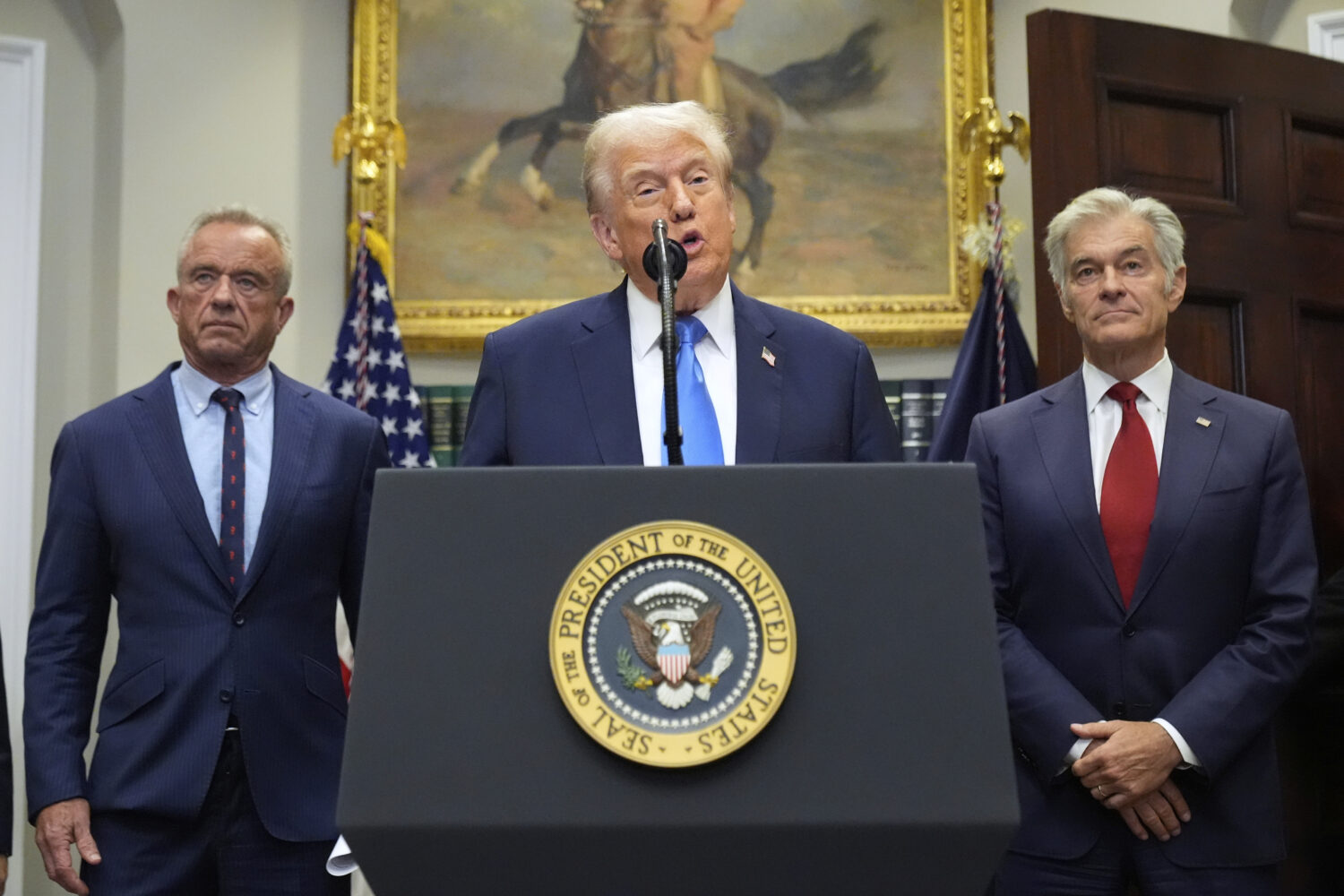 President Donald Trump speaks in the Roosevelt Room of the White House, Monday, Sept. 22, 2025, in ...
