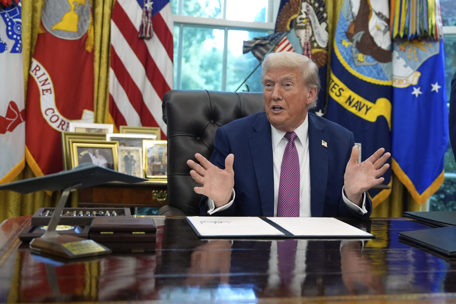 President Donald Trump speaks in the Oval Office of the White House, Friday, Sept. 5, 2025, in Wash...