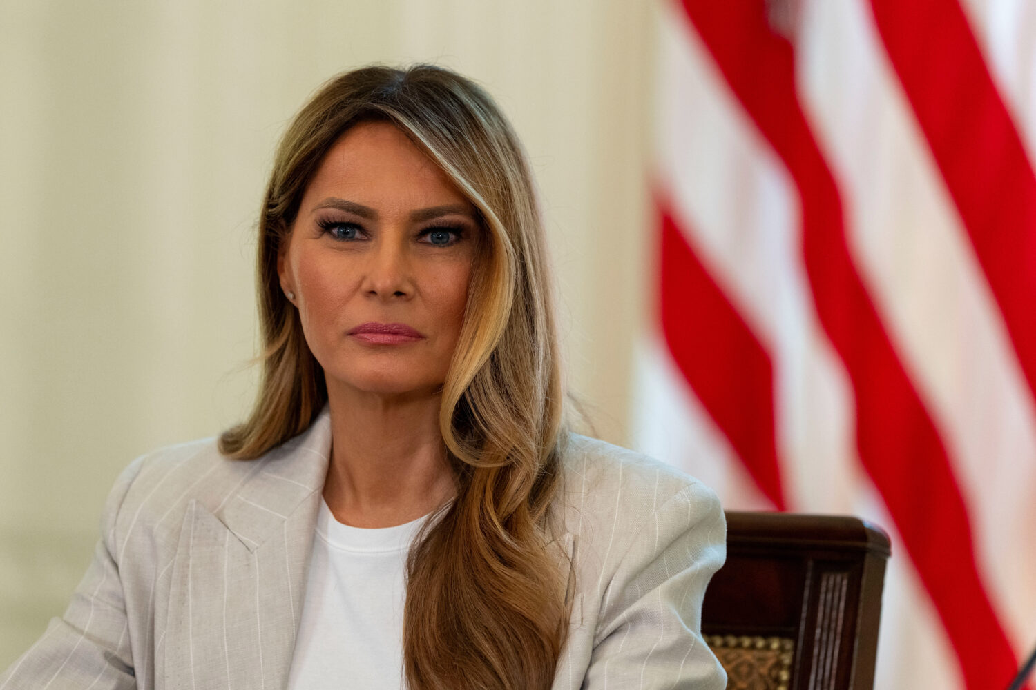 First lady Melania Trump listens during a meeting of the White House Task Force on Artificial Intel...