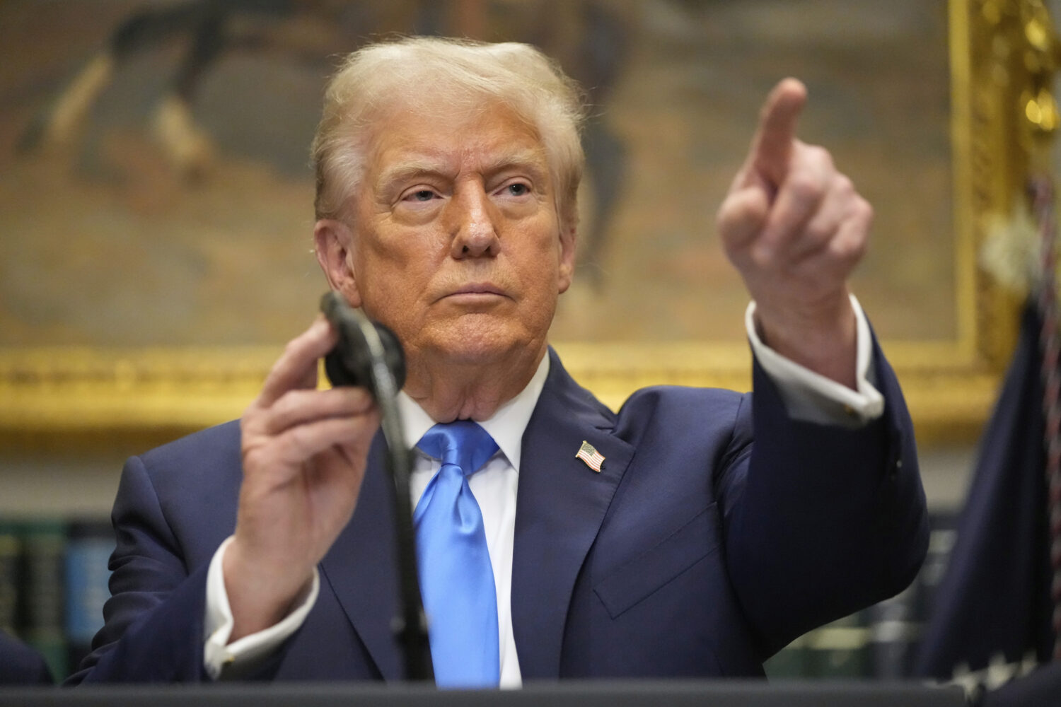 President Donald Trump speaks in the Roosevelt Room of the White House, Monday, Sept. 22, 2025, in ...