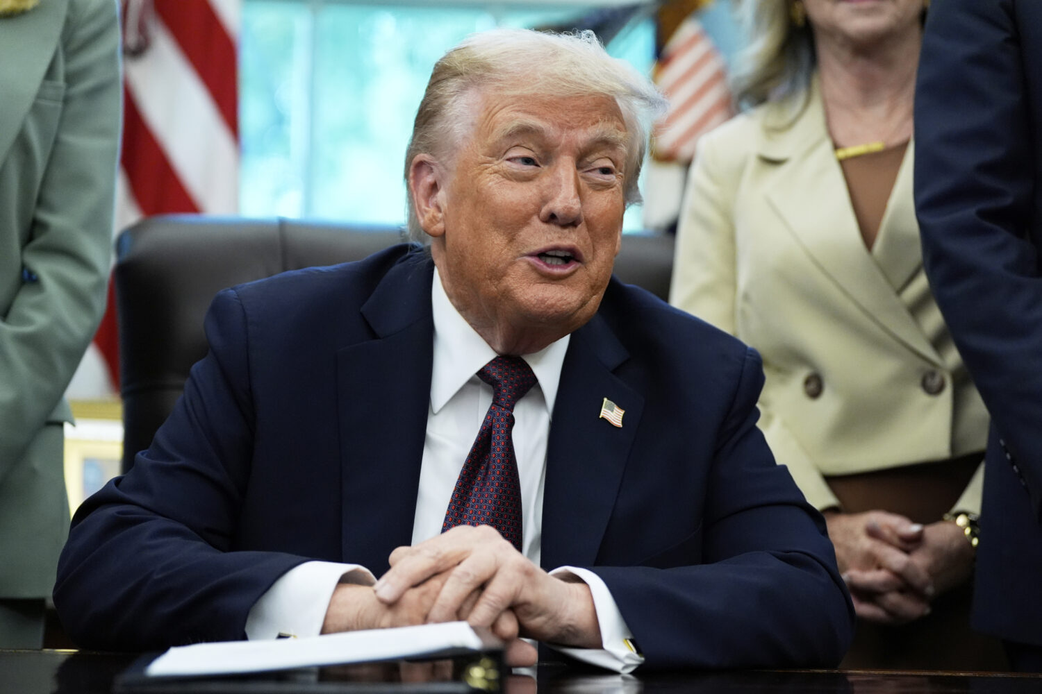 President Donald Trump speaks in the Oval Office of the White House, Monday, Sept. 15, 2025, in Was...