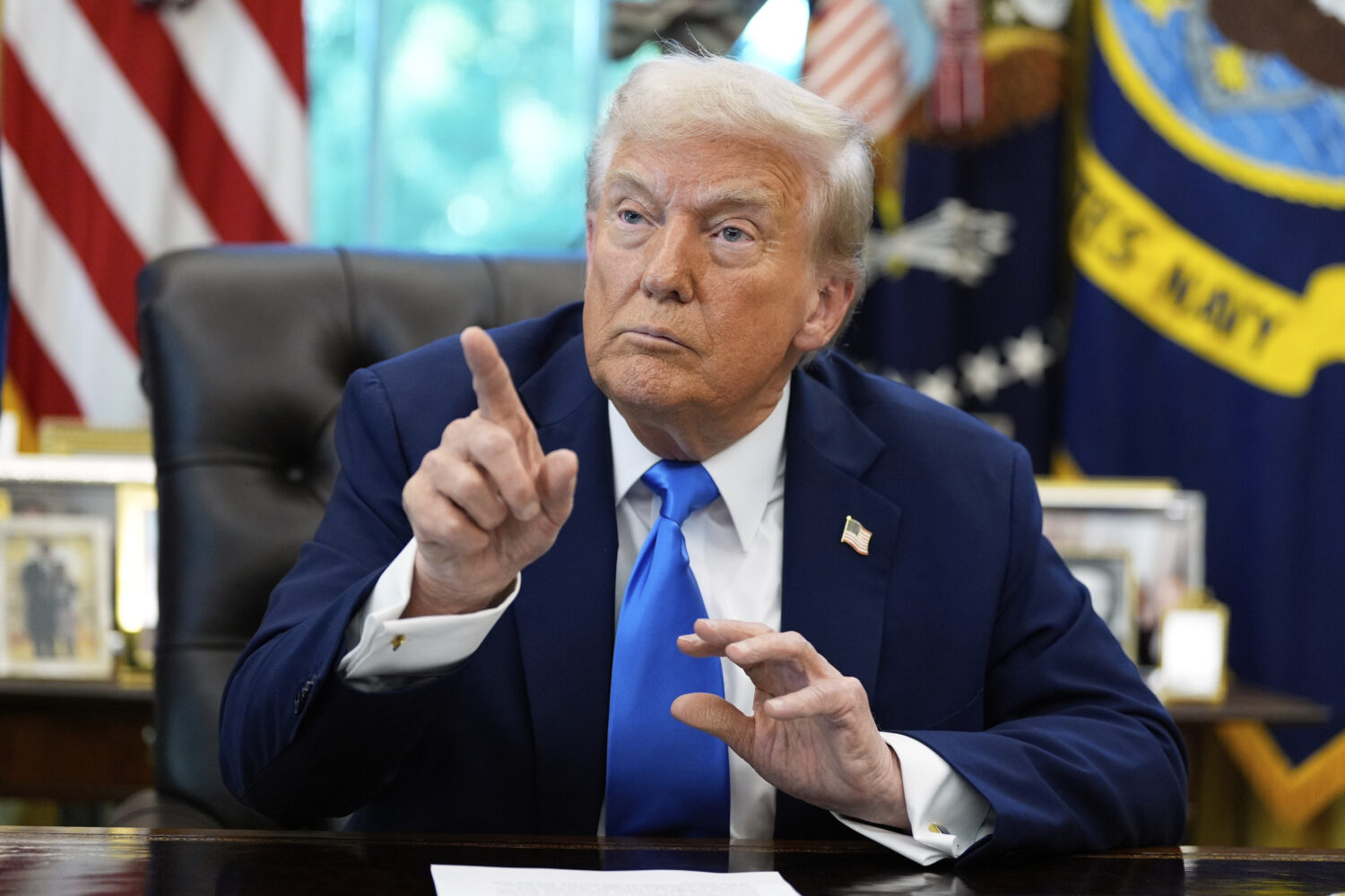 President Donald Trump speaks in the Oval Office of the White House, Friday, Sept. 19, 2025, in Was...