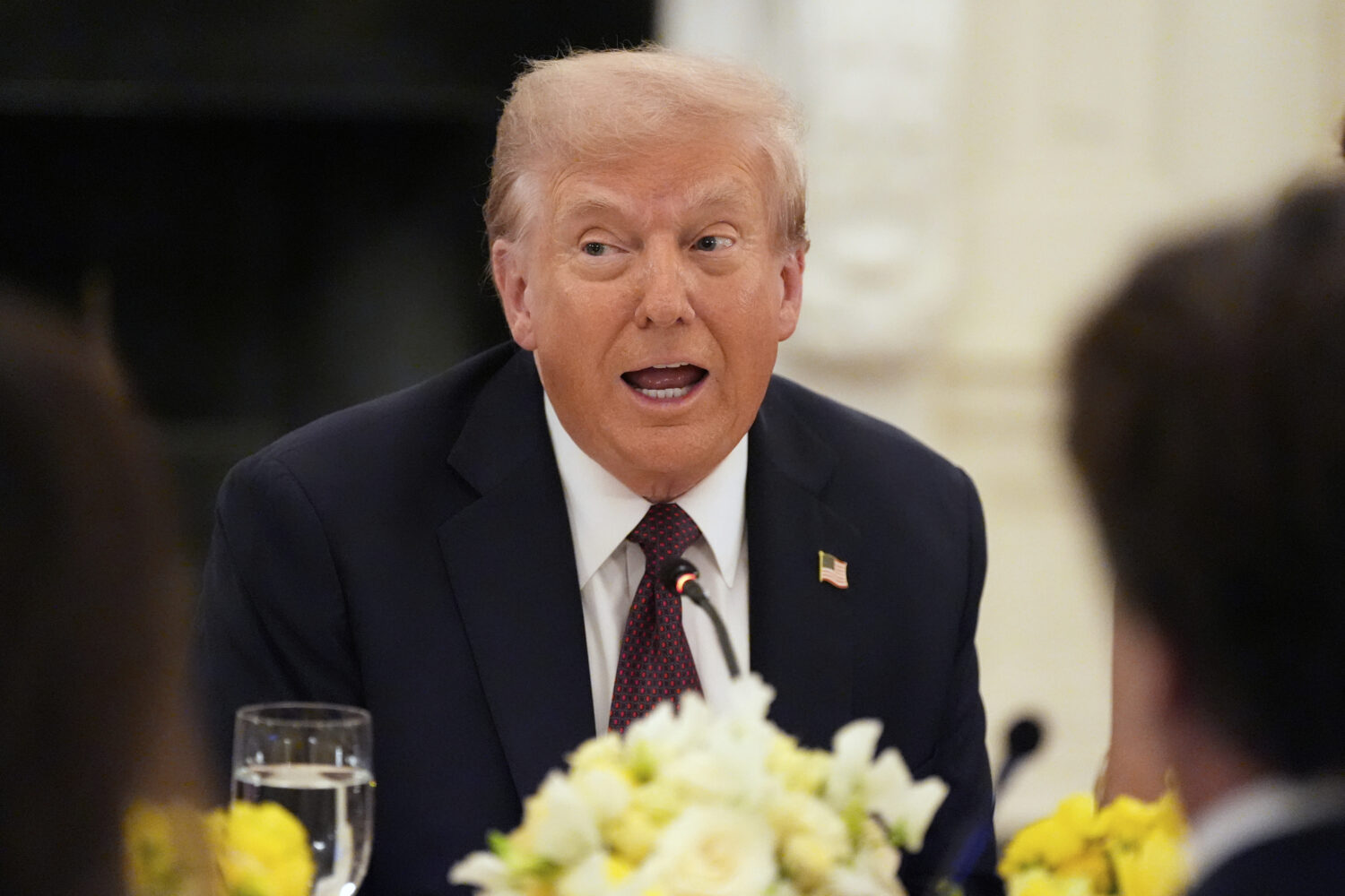 President Donald Trump speaks during a dinner in the State Dining Room of the White House, Thursday...