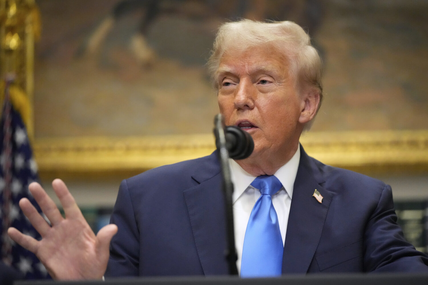 President Donald Trump speaks in the Roosevelt Room of the White House, Monday, Sept. 22, 2025, in ...