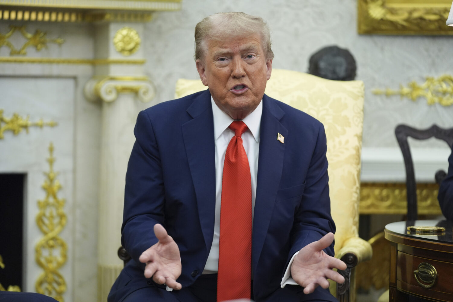 President Donald Trump speaks during a meeting with Polish President Karol Nawrocki in the Oval Off...