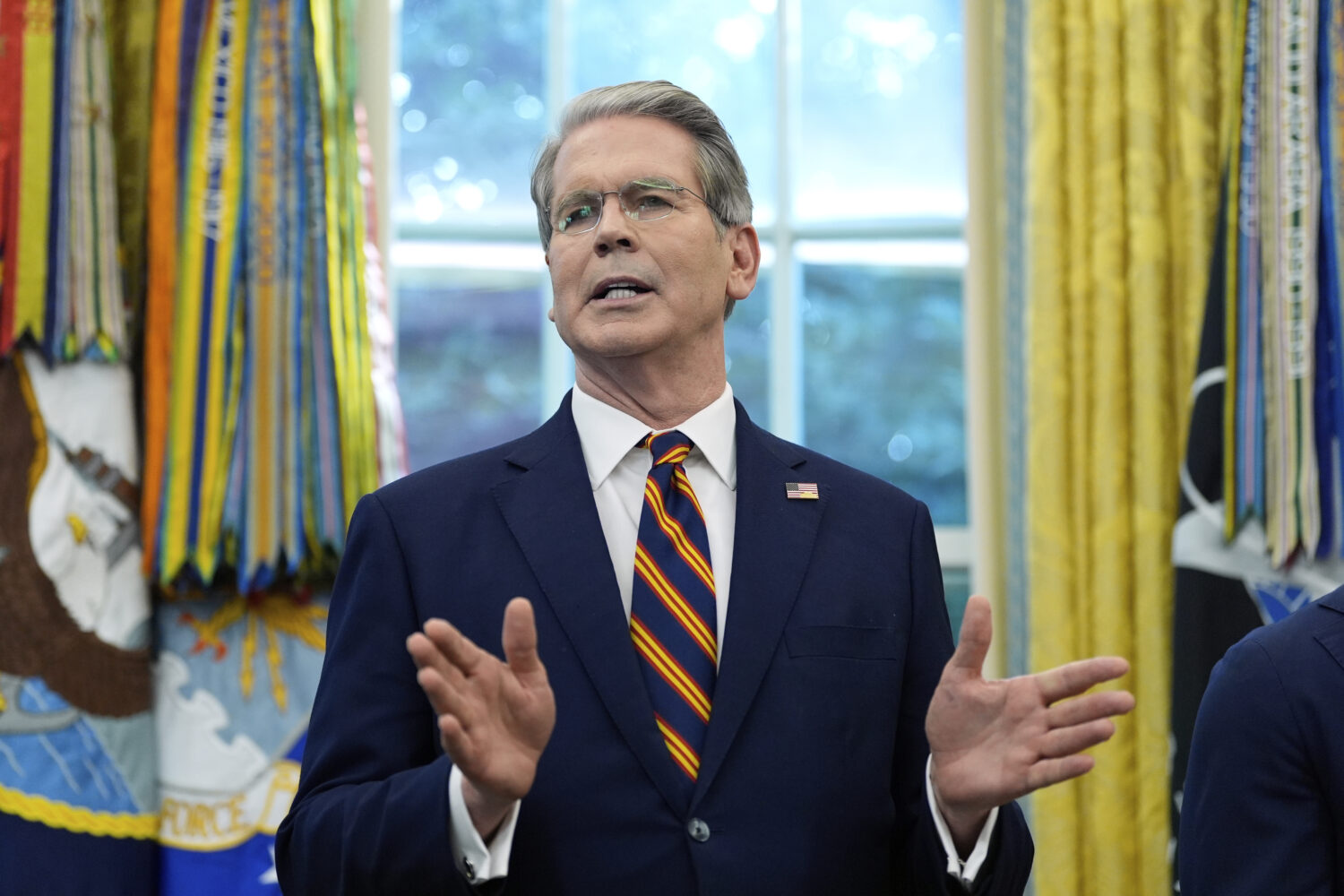Treasury Secretary Scott Bessent speaks in the Oval Office of the White House, Friday, Sept. 5, 202...
