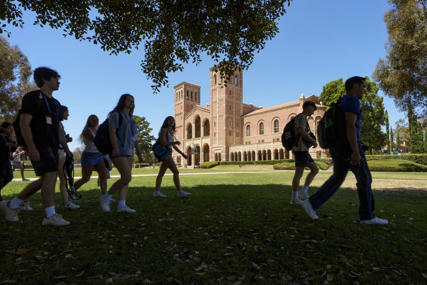 FILE - Students walk past Royce Hall at the UCLA campus in Los Angeles, Aug. 15, 2024. (AP Photo/Da...