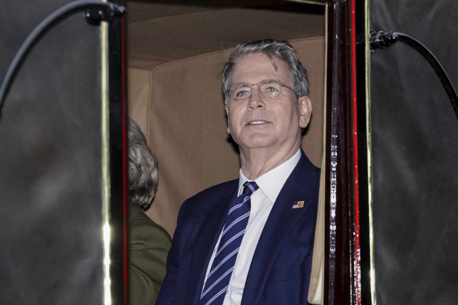 US Treasury Secretary Scott Bessent rides in a carriage during a procession through Windsor Castle ...