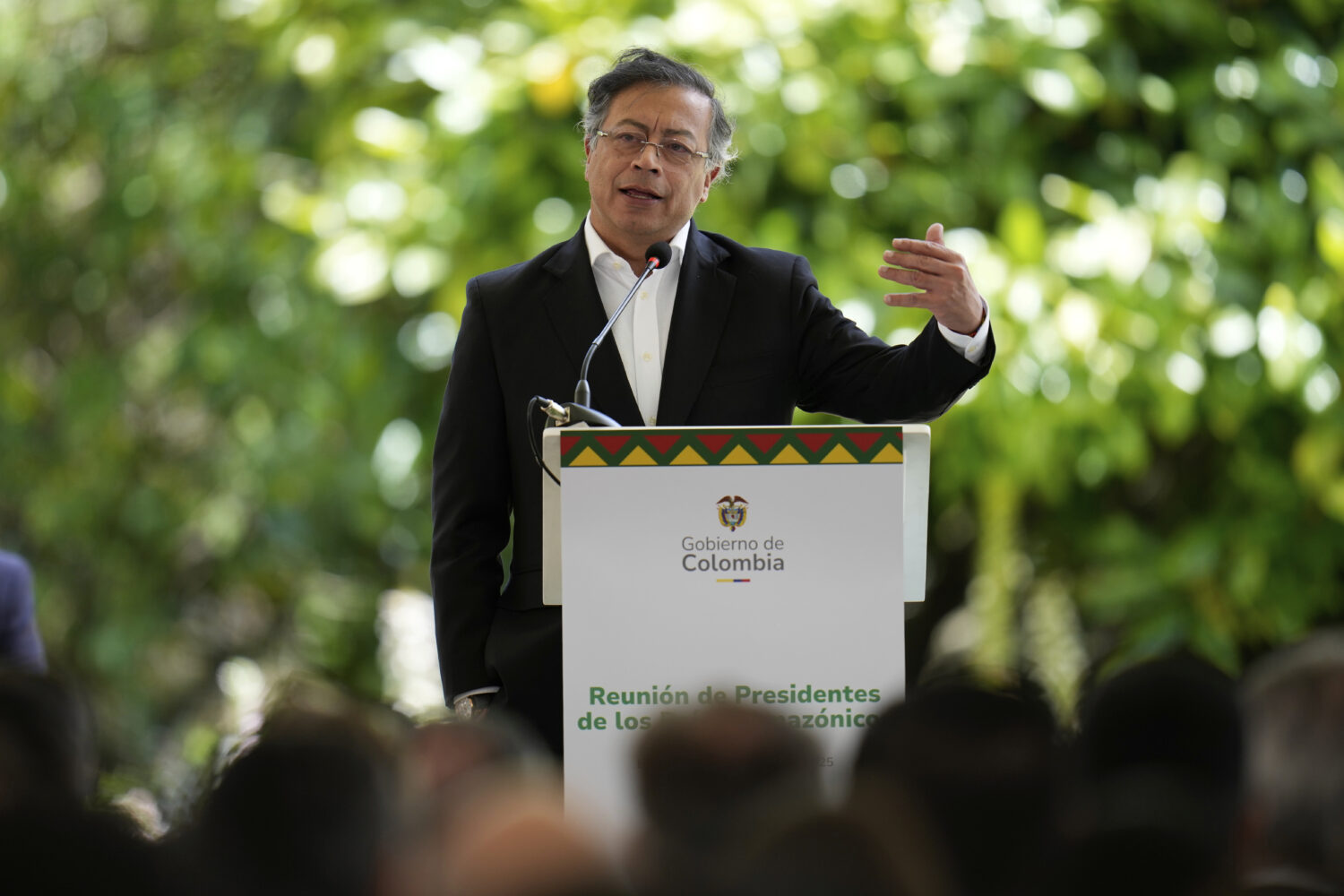 FILE - Colombia's President Gustavo Petro speaks during a meeting of leaders of the Amazon Cooperat...