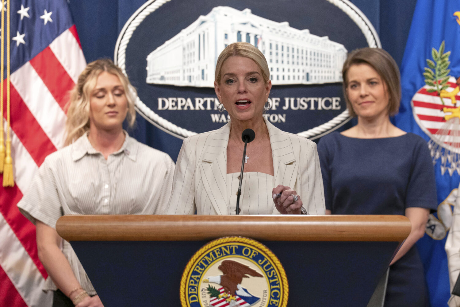 FILE - Attorney General Pam Bondi speaks during a news conference at the Department of Justice head...