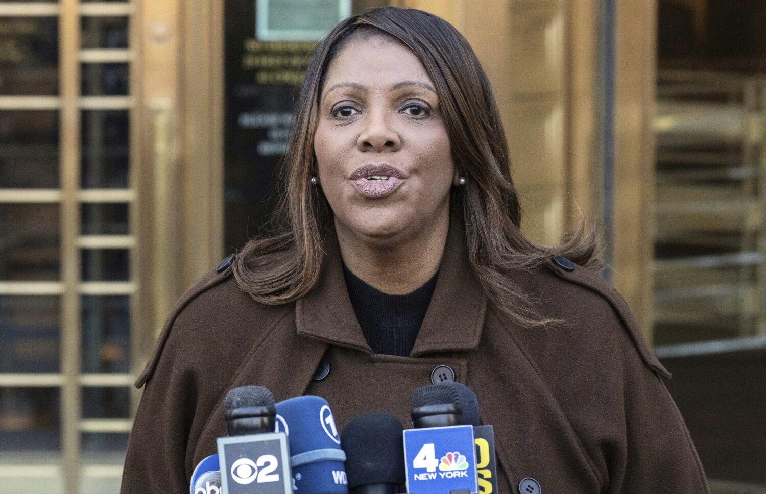 FILE - New York Attorney General Letitia James speaks during a news conference outside Manhattan fe...
