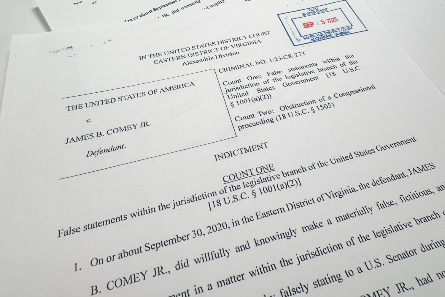 The indictment of former FBI director James Comey is photographed Thursday, Sept. 25, 2025, in Wash...