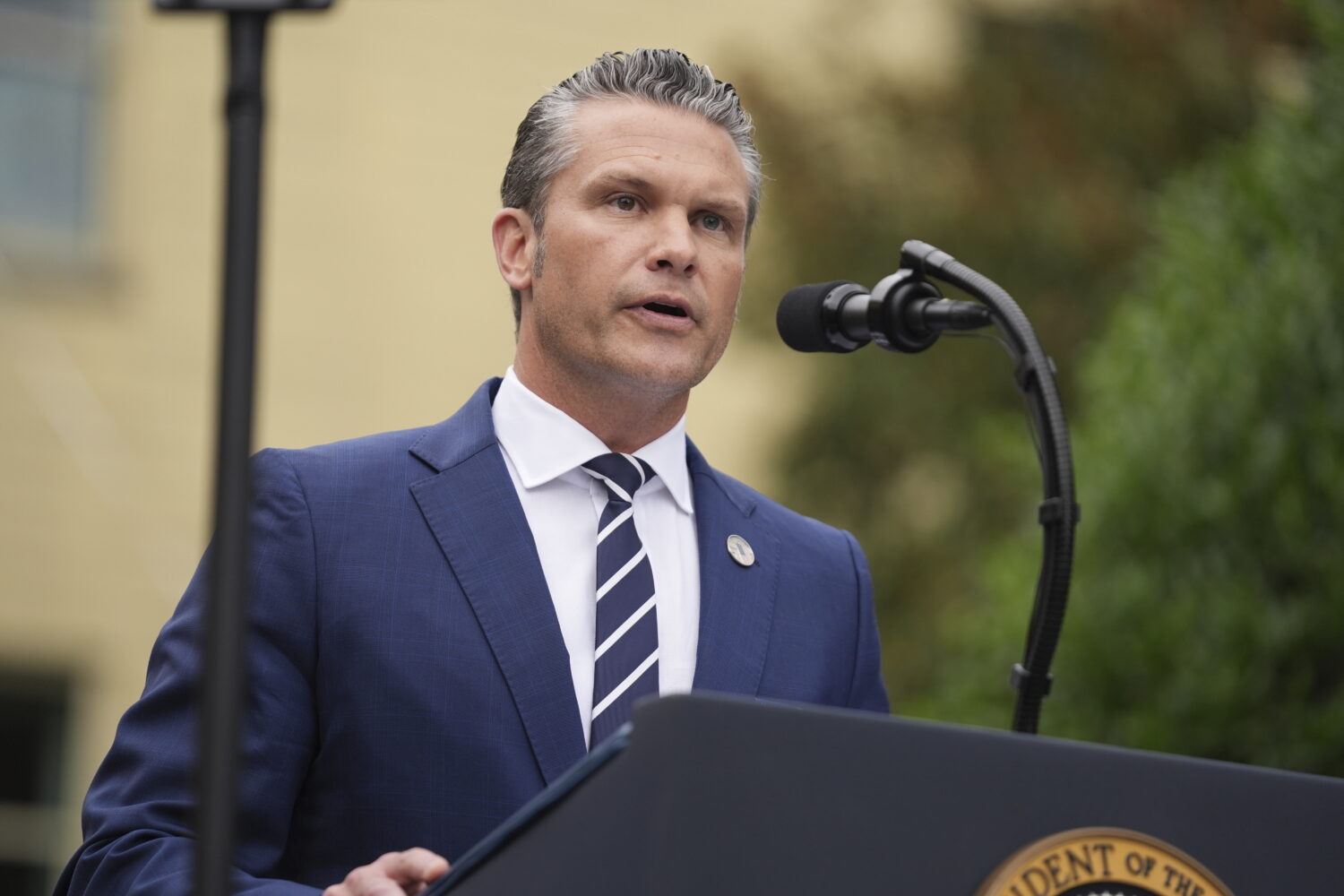 Defense Secretary Pete Hegseth speaks during a ceremony to commemorate the 24th anniversary of the ...