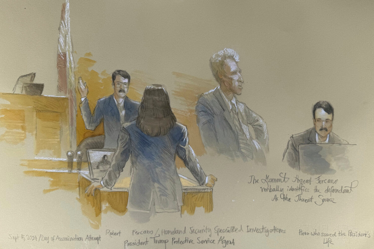This courtroom sketch shows Secret Service agent Robert Fercano identifying the defendant in the tr...