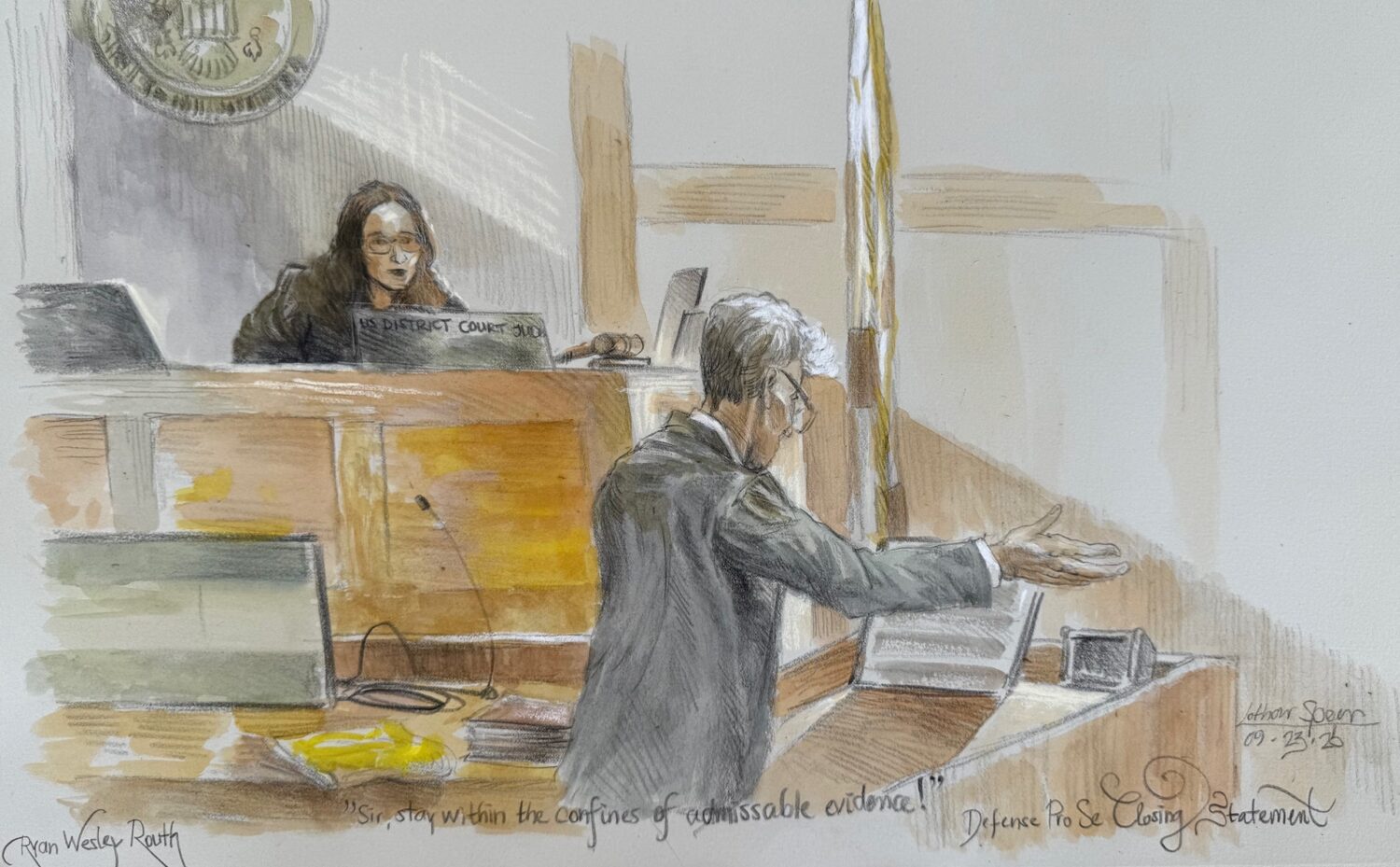 This courtroom sketch shows U.S. District Judge Aileen Cannon listening to Ryan Routh during his tr...