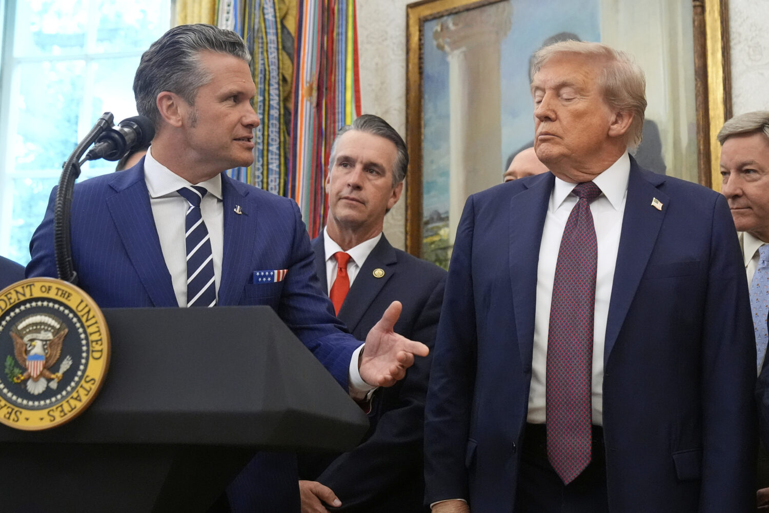 Defense Secretary Pete Hegseth speaks at an event with President Donald Trump on the relocation of ...