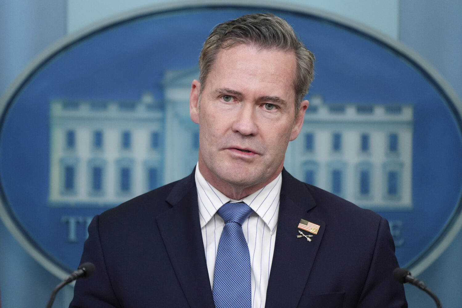 FILE - White House national security adviser Mike Waltz speaks with reporters in the James Brady Pr...