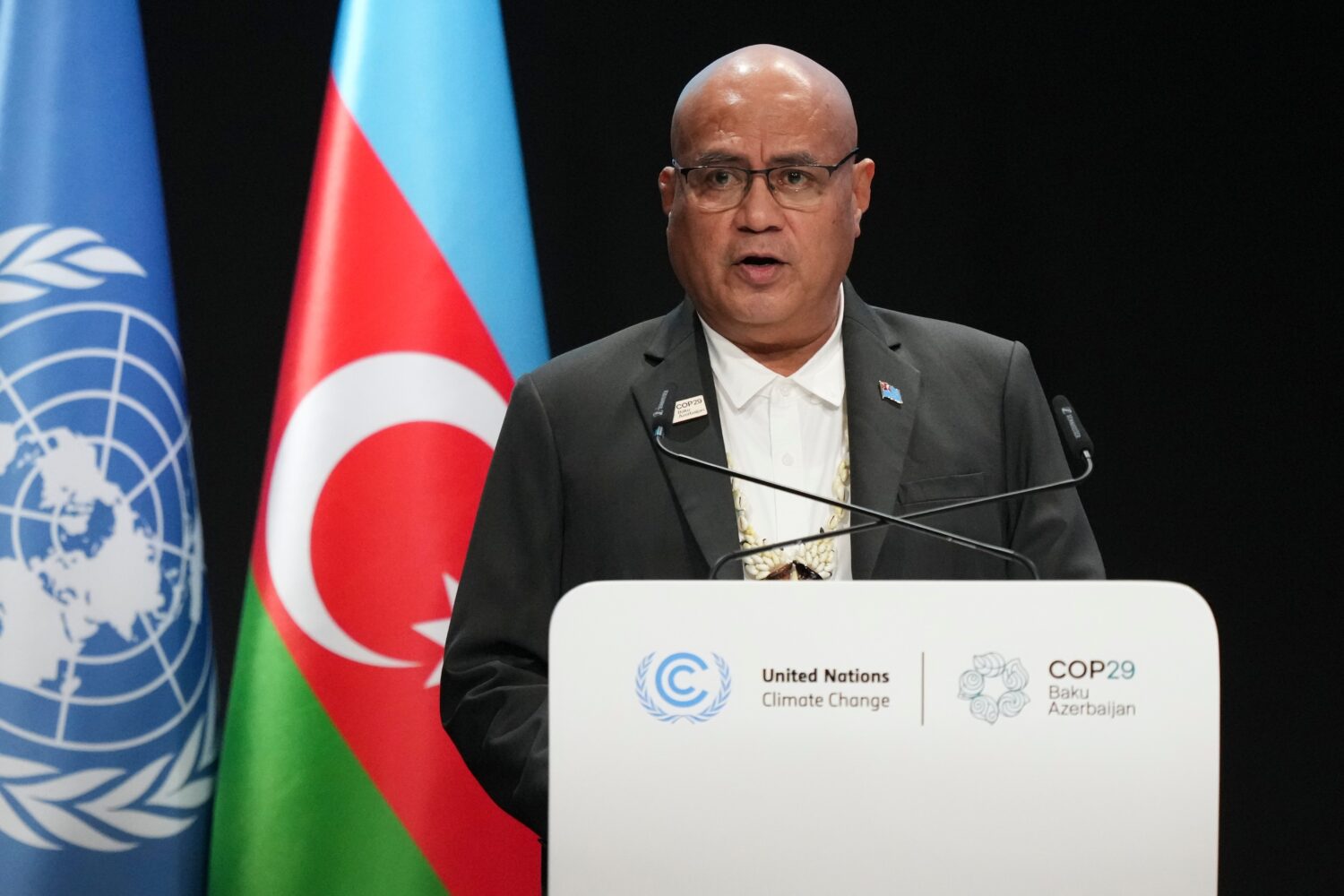 FILE - Tuvalu Prime Minister Feleti Teo speaks during a plenary session at the COP29 U.N. Climate S...