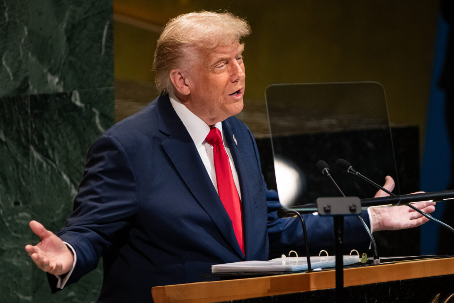 President Donald Trump addresses the 80th session of the United Nations General Assembly, Tuesday, ...