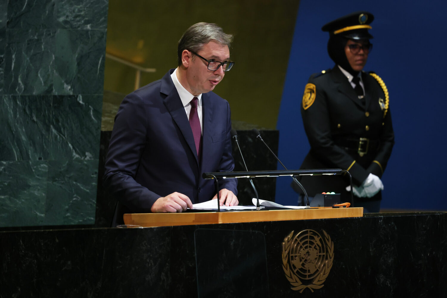 Serbia's President Aleksandar Vucic addresses the 80th session of the United Nations General Assemb...
