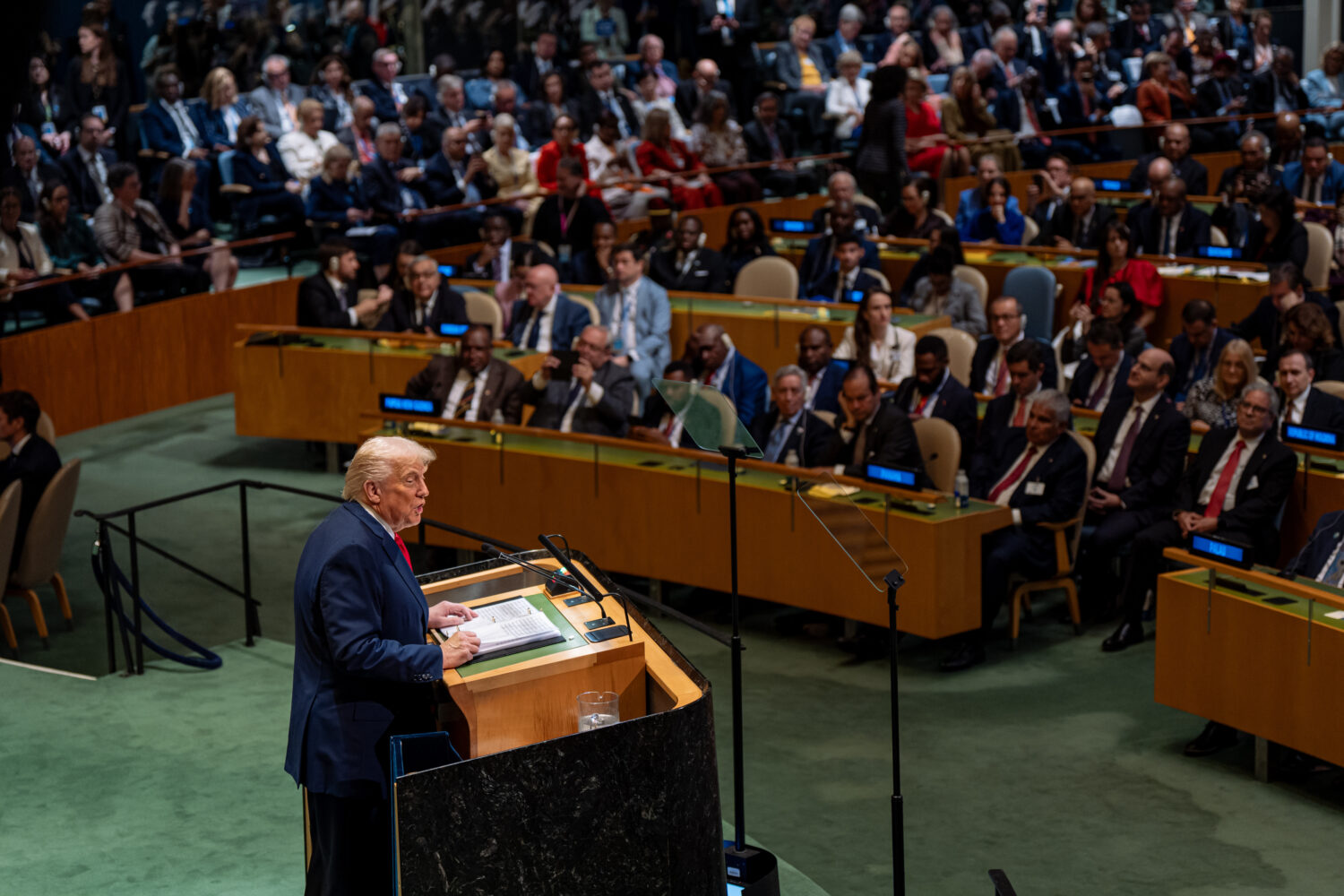 President Donald Trump addresses the 80th session of the United Nations General Assembly, Tuesday, ...
