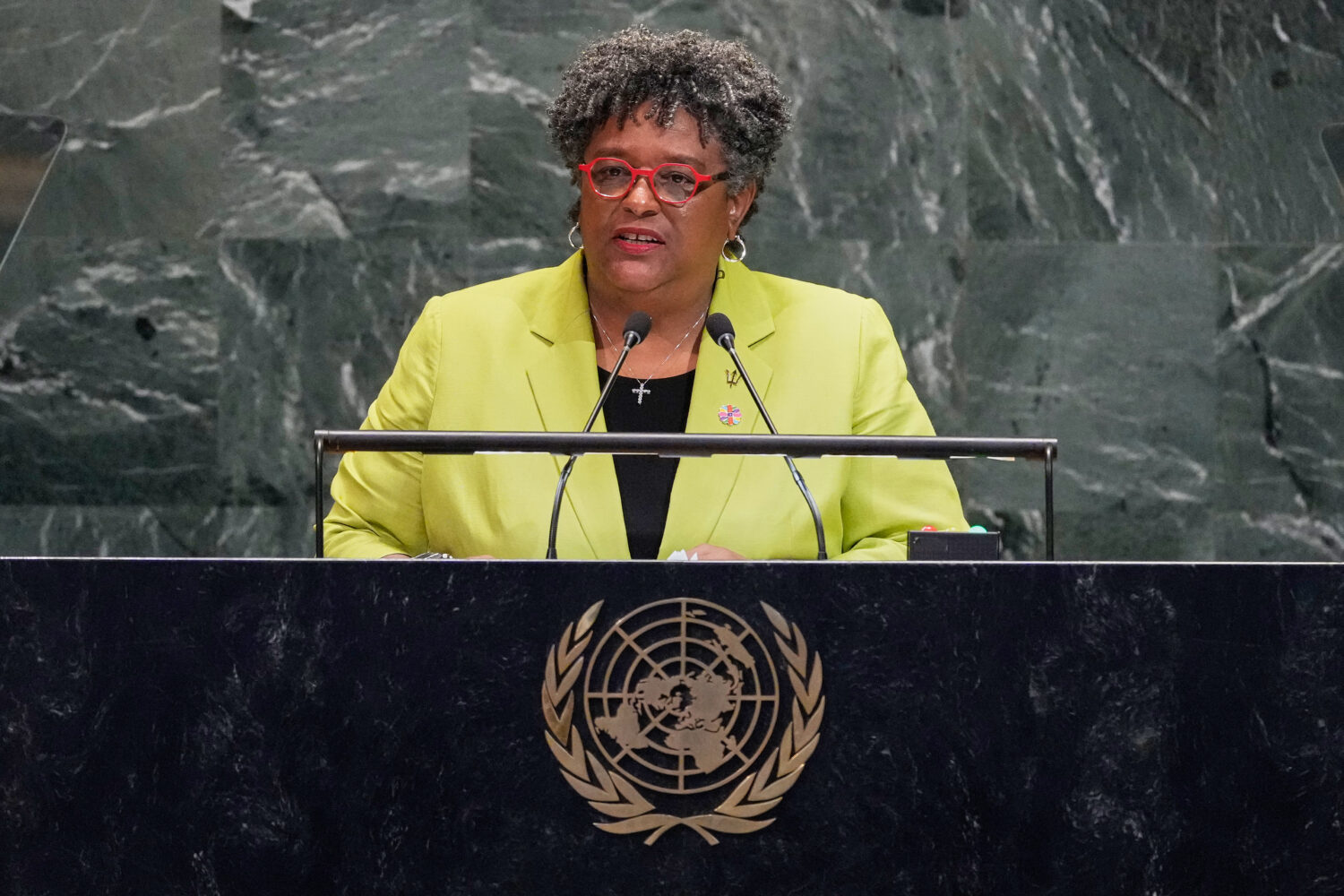 Barbados Prime Minister Mia Mottley addresses the 80th session of the United Nations General Assemb...