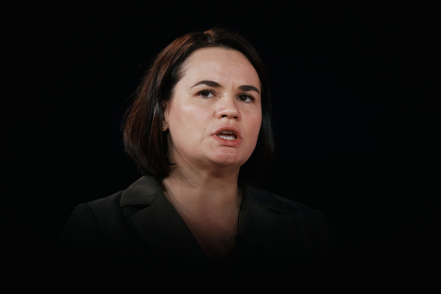 Sviatlana Tsikhanouskaya from Belarus speaks during the Concordia Annual Summit, in New York, Tuesd...