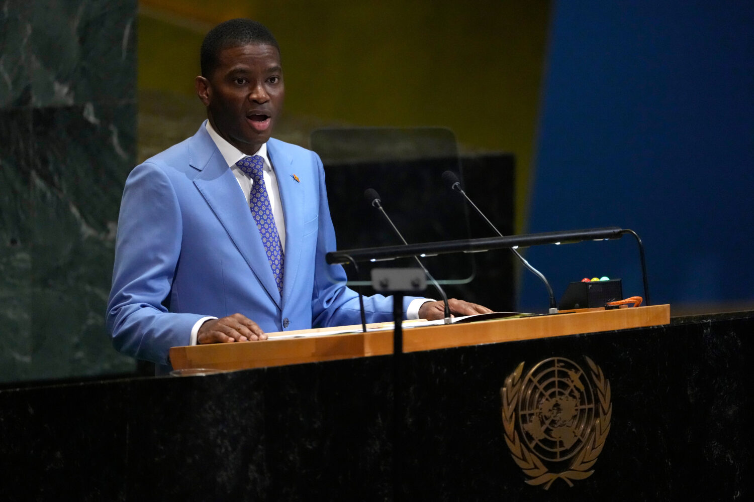 Prime Minister of Grenada Philip Dickon Mitchell addresses the 80th session of the United Nations G...