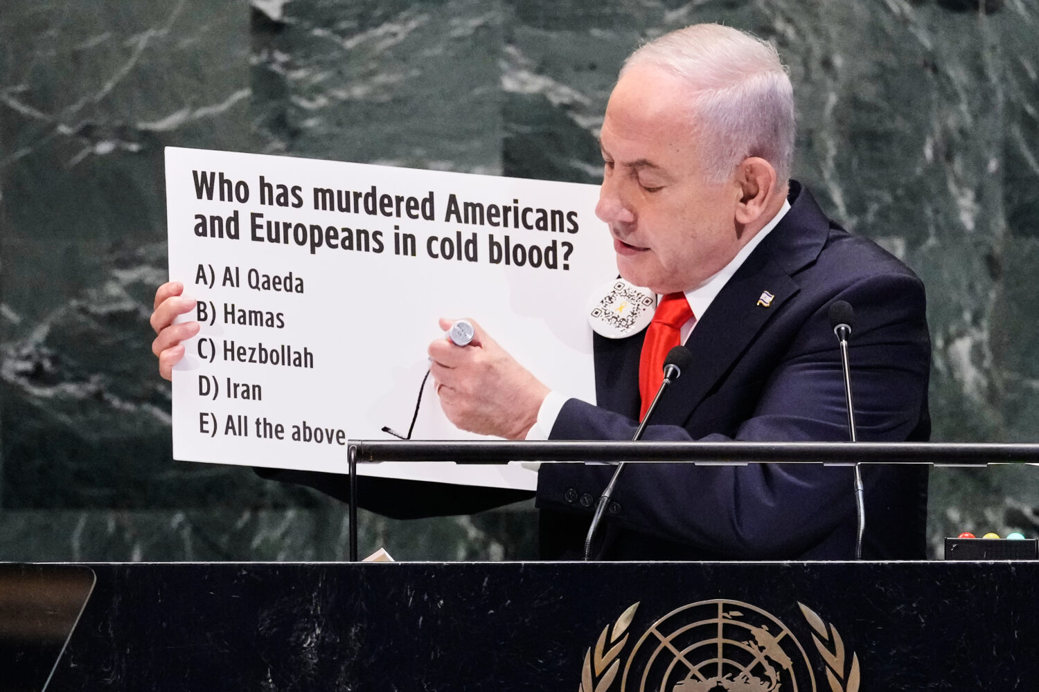 Israel Prime Minister Benjamin Netanyahu addresses the 80th session of the United Nations General A...