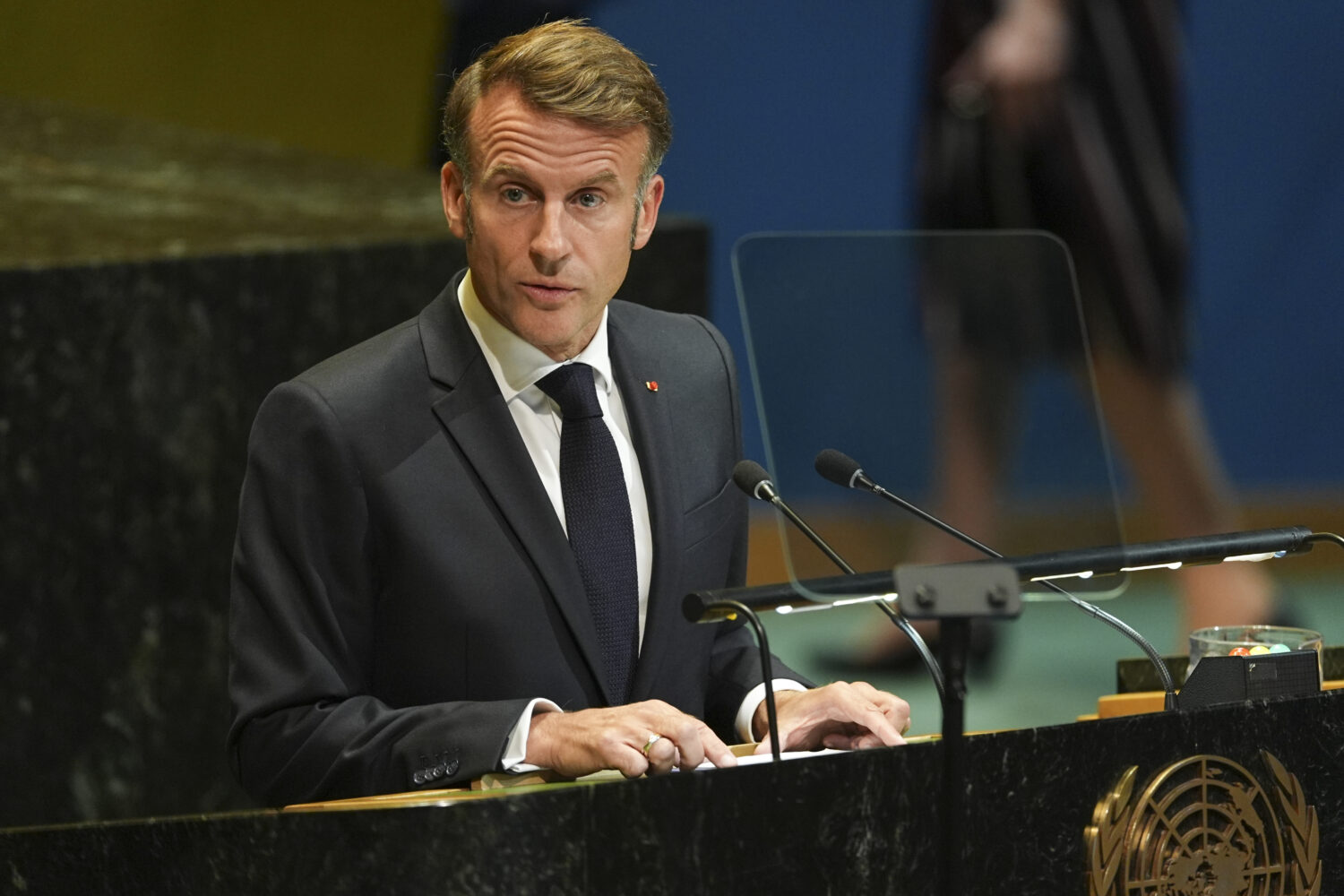 French President Emmanuel Macron speaks during a high-profile meeting at the United Nations aimed a...
