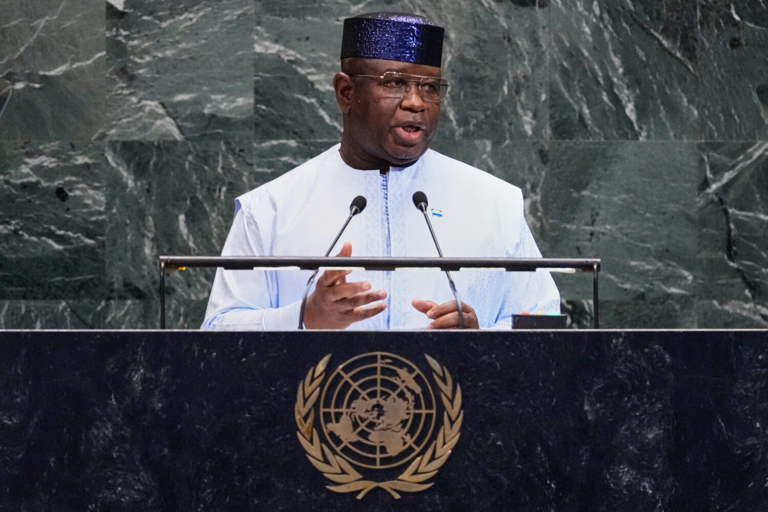 Sierra Leone President Julius Maada Bio addresses the 80th session of the United Nations General As...