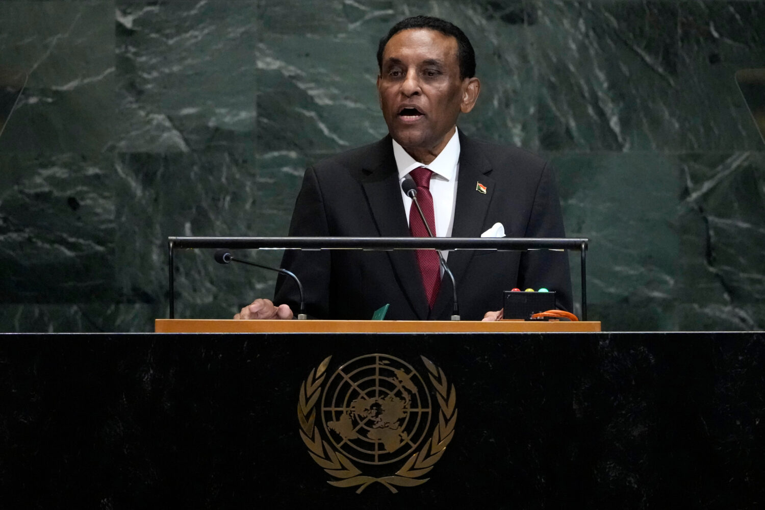 Transitional prime minister of Sudan Kamil El-Tayeb Idris addresses the 80th session of the United ...