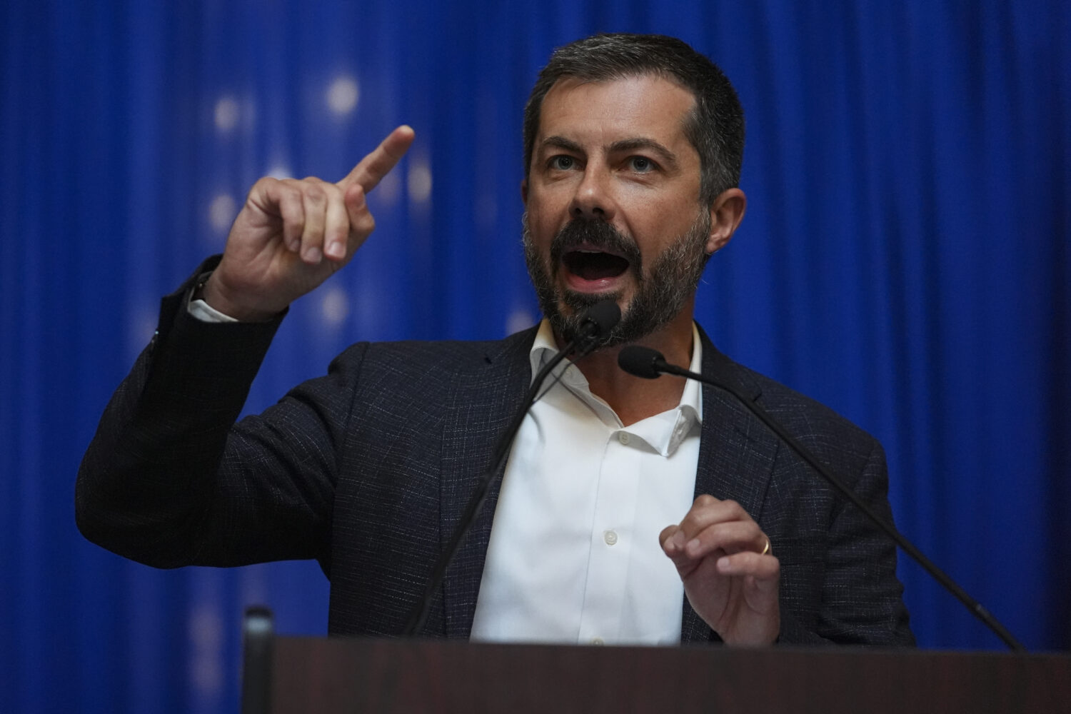 Former Transportation Secretary Pete Buttigieg speaks at a rally at the Statehouse in Indianapolis,...
