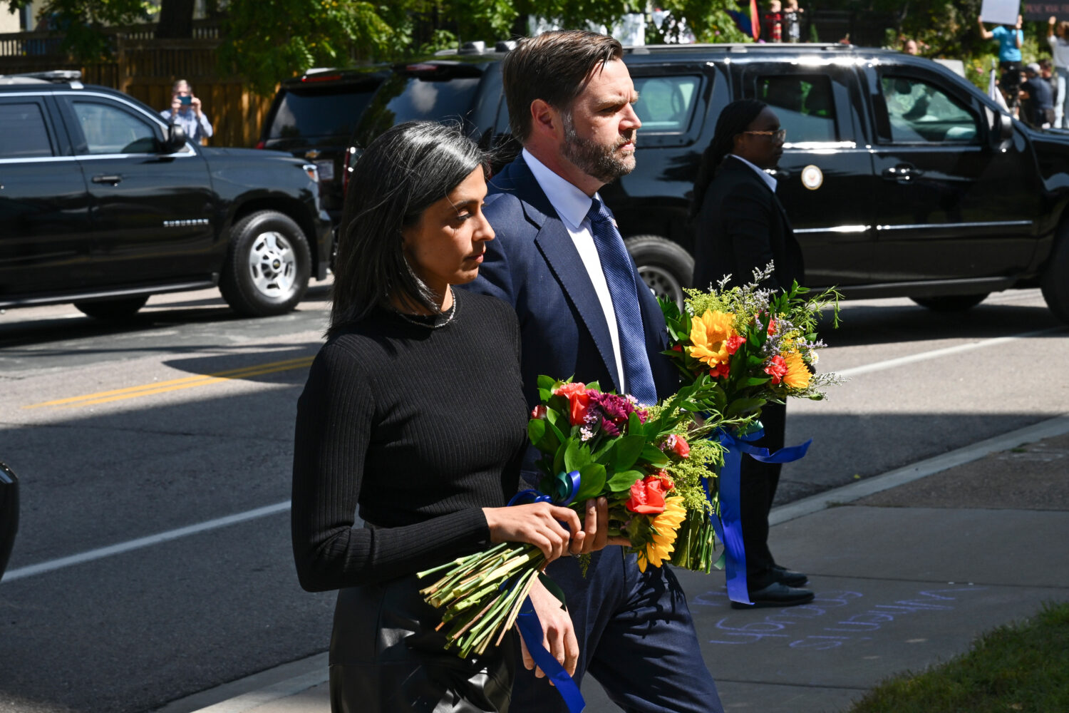 Vice President JD Vance and his wife second lady Usha Vance, arrive to pay their respects to victim...