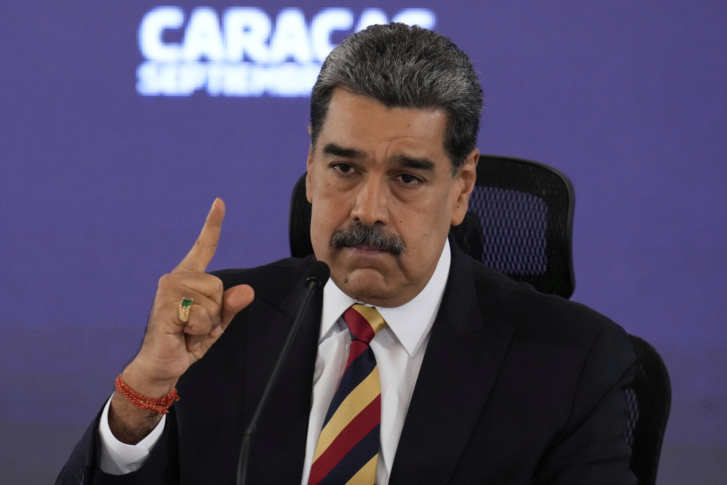 Venezuela President Nicolas Maduro speaks during a press conference in Caracas, Venezuela, Monday, ...