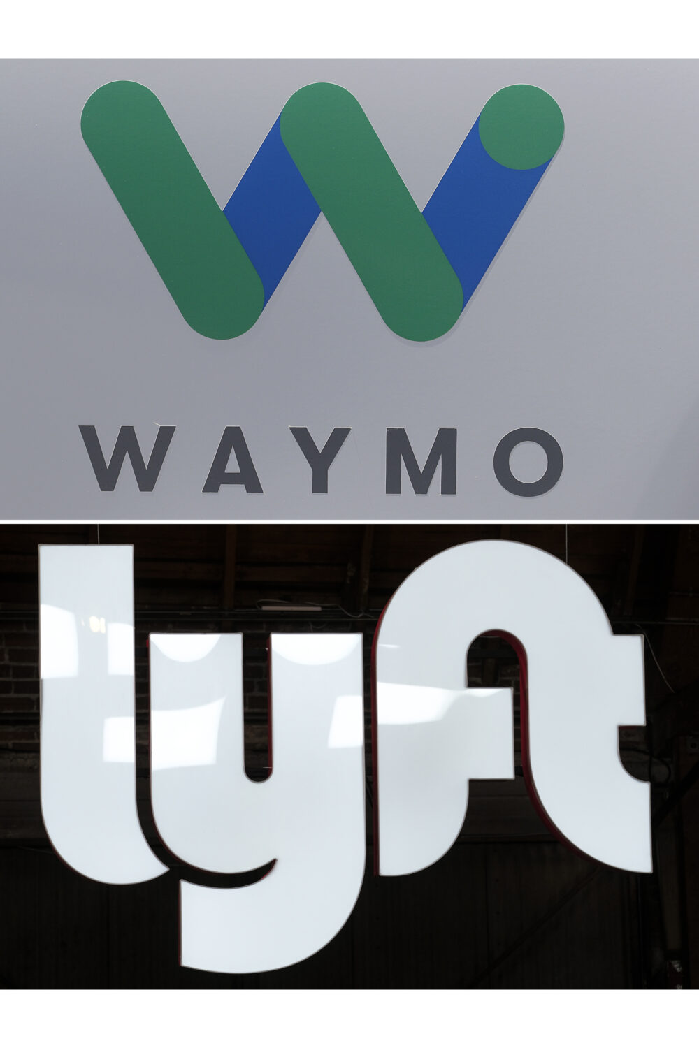 FILE - This photo combination shows a Waymo logo displayed on the door of a car in Mountain View, C...